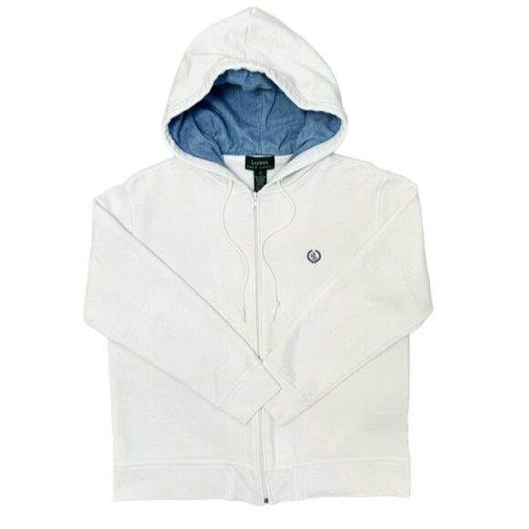 Lauren Ralph Lauren White Zip Hoodie Blue Lined Hood Small Cotton Sweatshirt - Picture 1 of 10